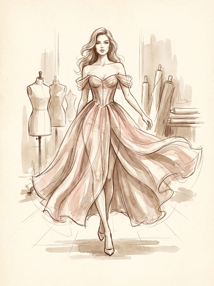 Hero fashion sketch: full-length couture study in sepia ink and watercolor