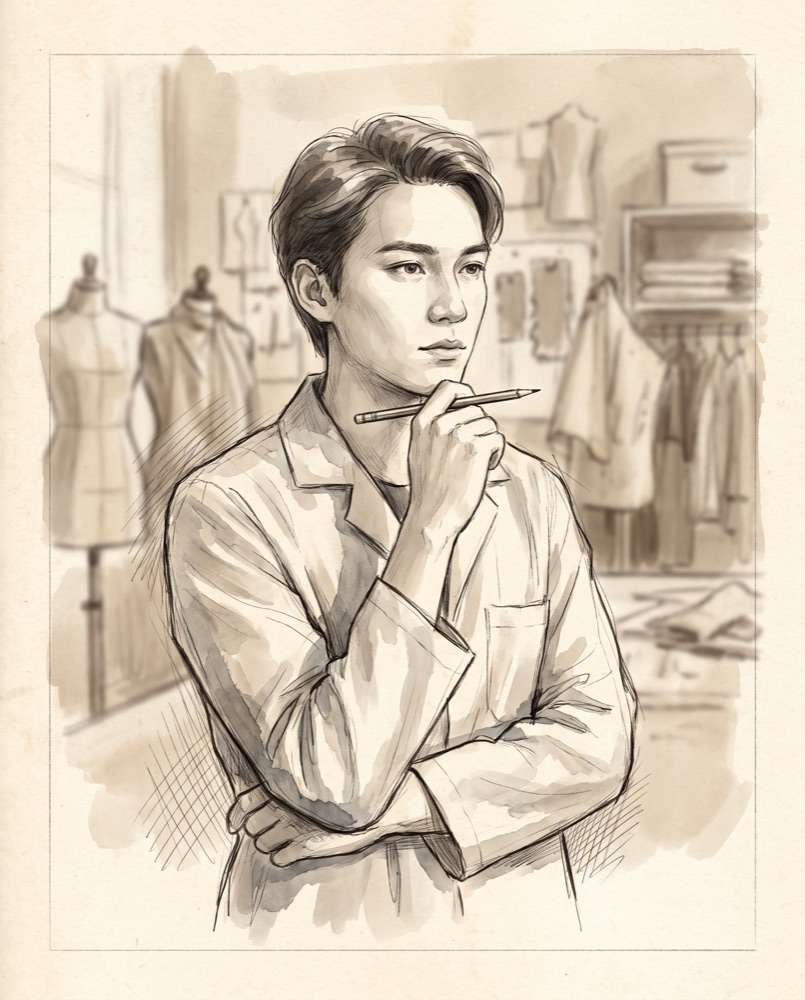 Ink-wash portrait of designer A. Renard at work, pencil in hand