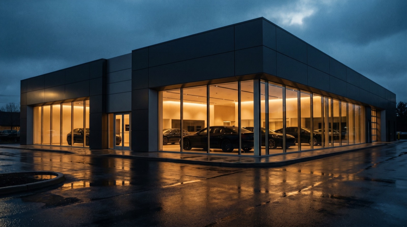Modern dealership exterior at dusk with warm light spilling from floor-to-ceiling glass
