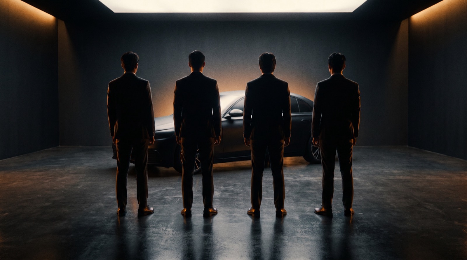 Dealership team seen from behind, looking at a softly lit car in the showroom
