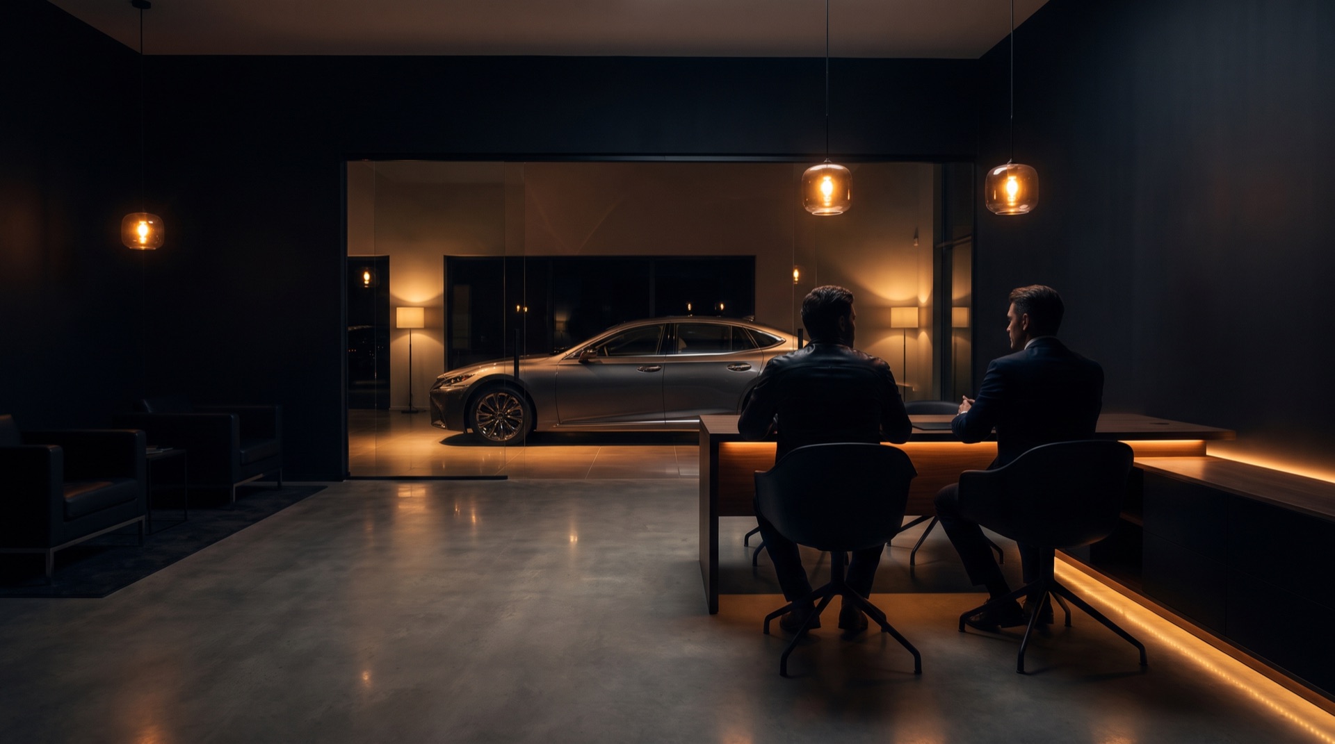 Customer and advisor at a dealership desk at night with a softly lit car on the showroom floor beyond