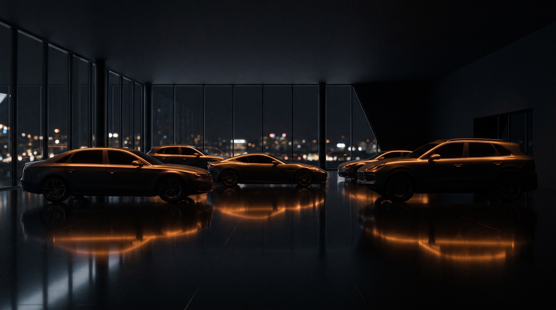 Dark showroom at night with softly lit unbranded cars and warm amber reflections on the polished floor