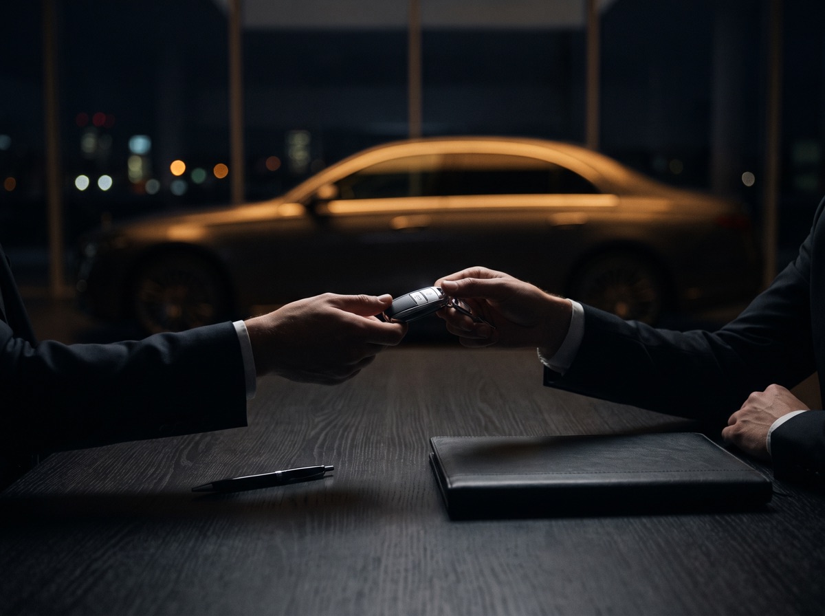 Hands exchanging a car key across a desk in a dark dealership office