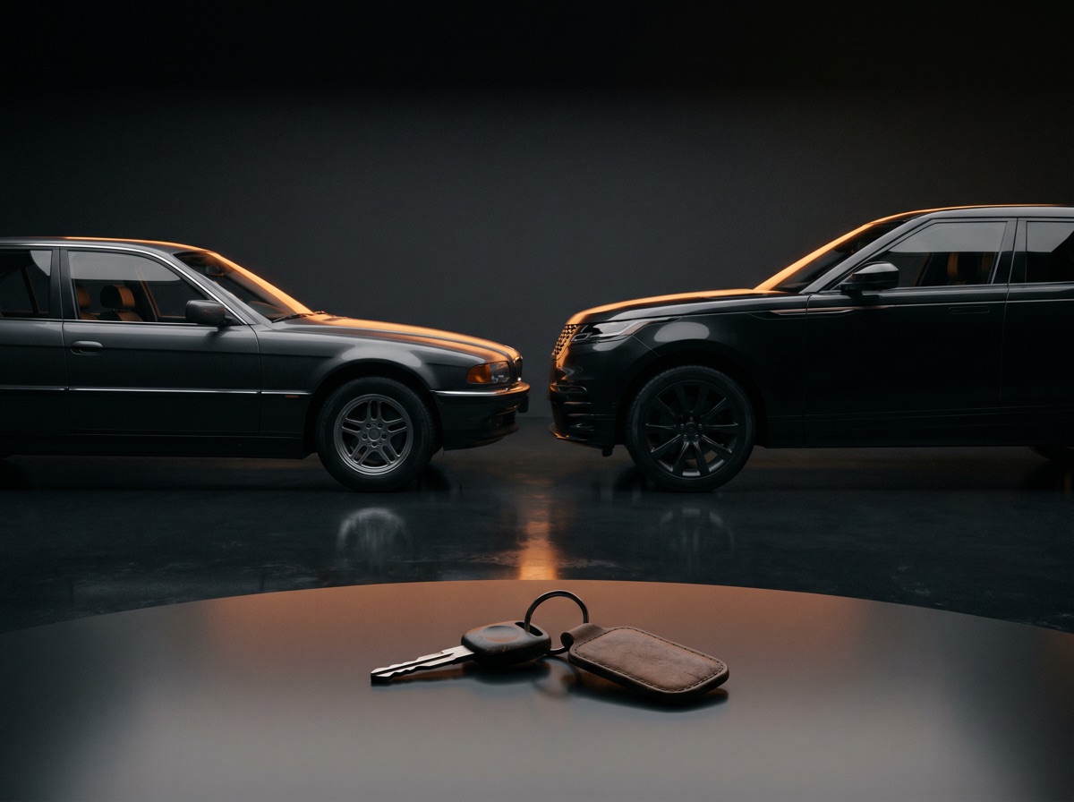 Two cars parked nose to nose in a dark showroom with a car key in the foreground