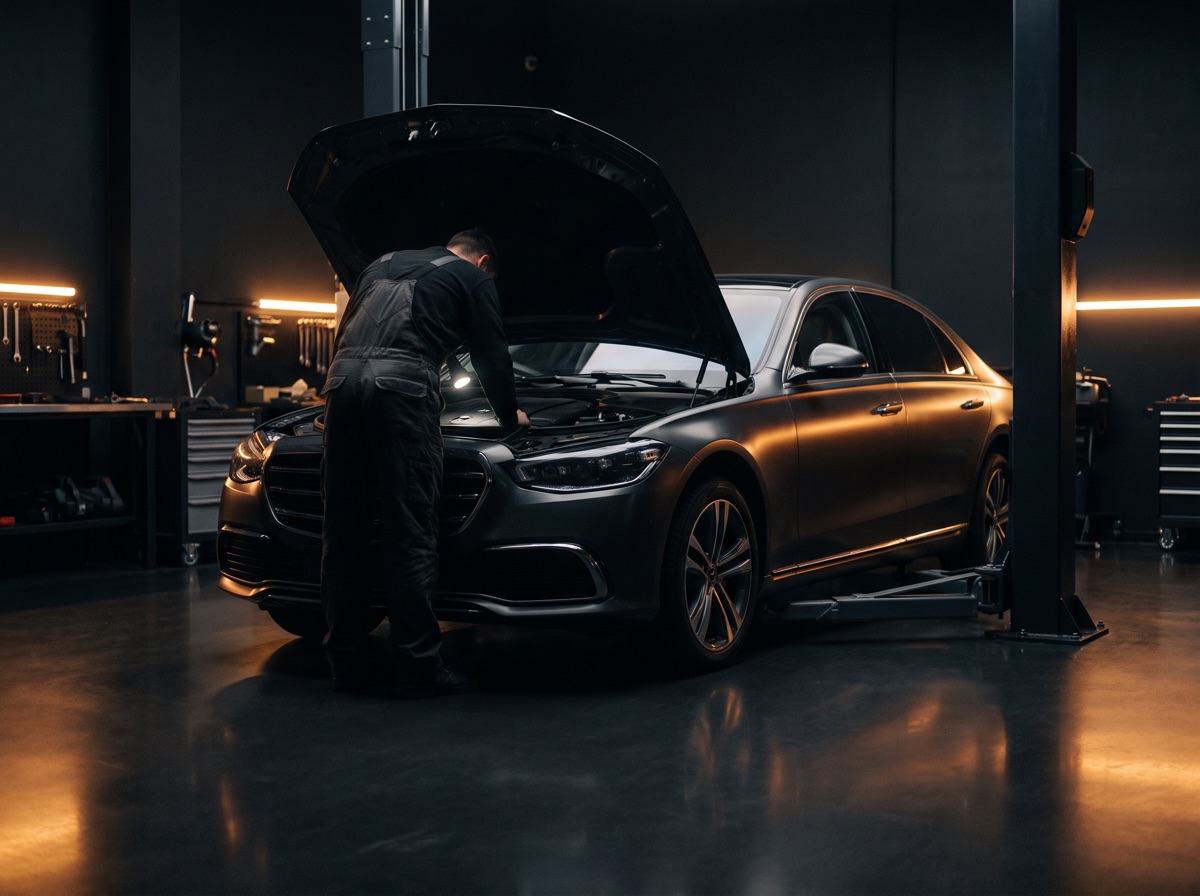 Technician inspecting the engine bay of a car on a lift in a dark service bay