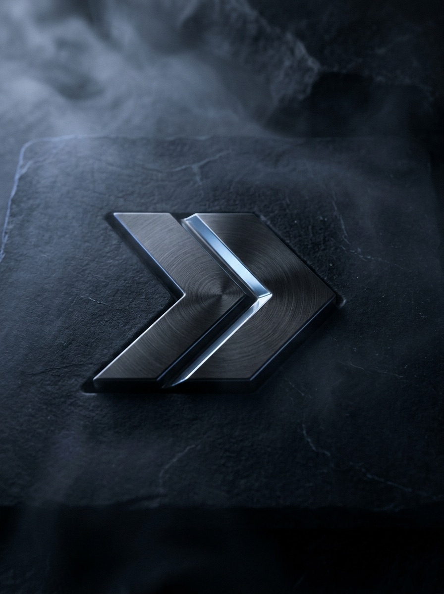 Sculptural chevron mark in moonlit fog — the Everforth brand still-life