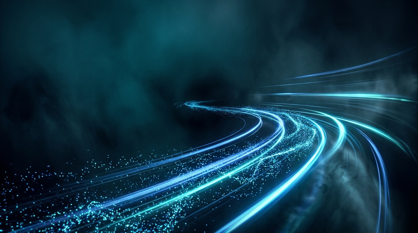 Light trails curving through teal fog — Mint & Motion campaign visual