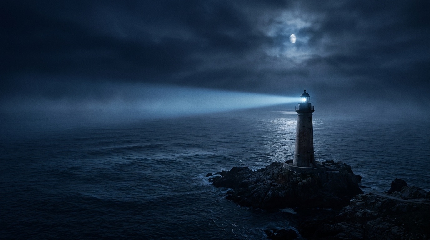 Lighthouse beacon over calm night waves — Harbor Health visual